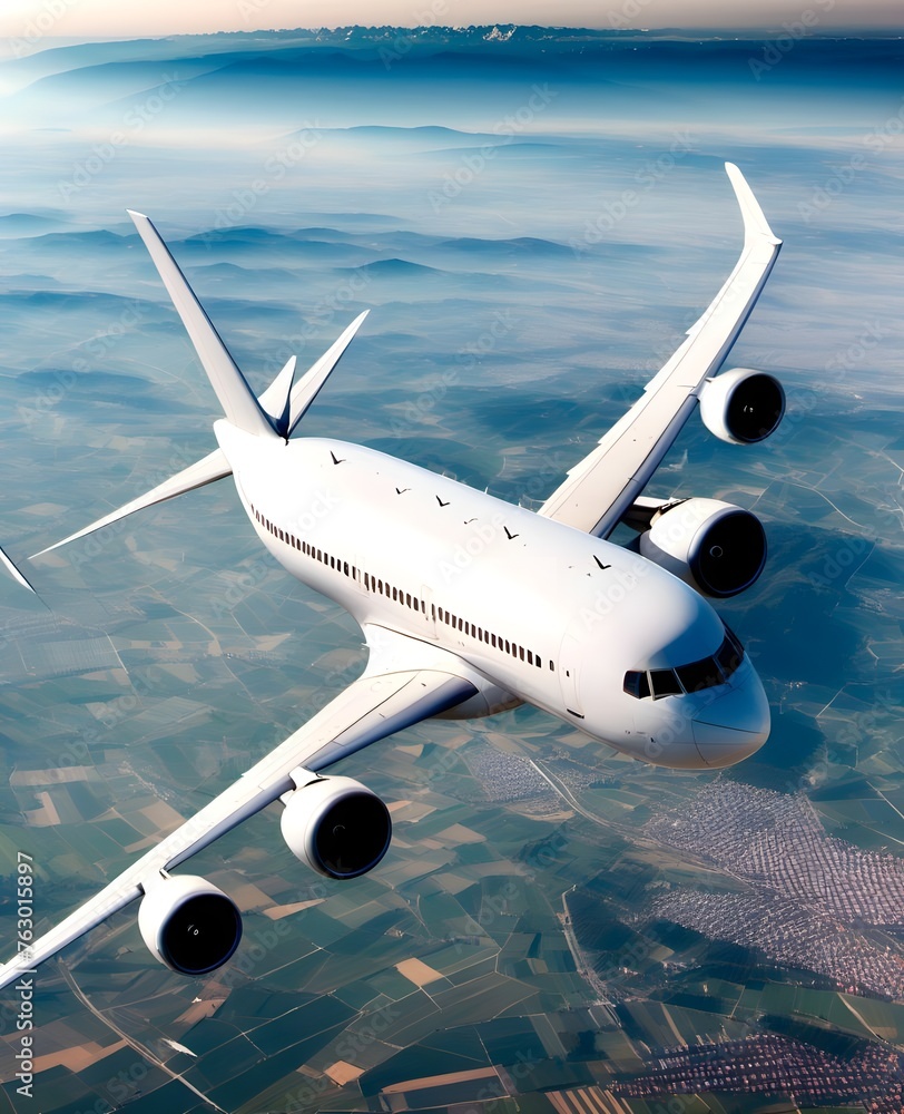 Naklejka premium A big beautiful white liner flying over the ground