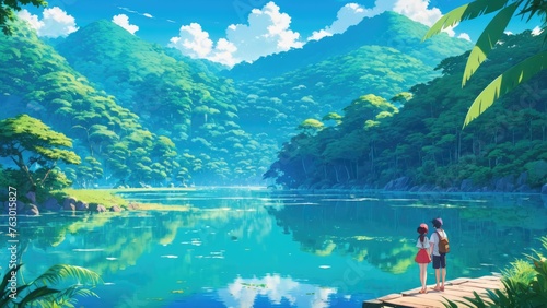 a couple on a lake looking at a tropical forest, tranquility background, anime art wallpaper