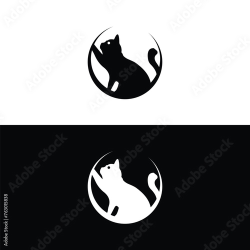 Black silhouette of cat. Vector illustration. Black and nwhite cat animal logo design photo