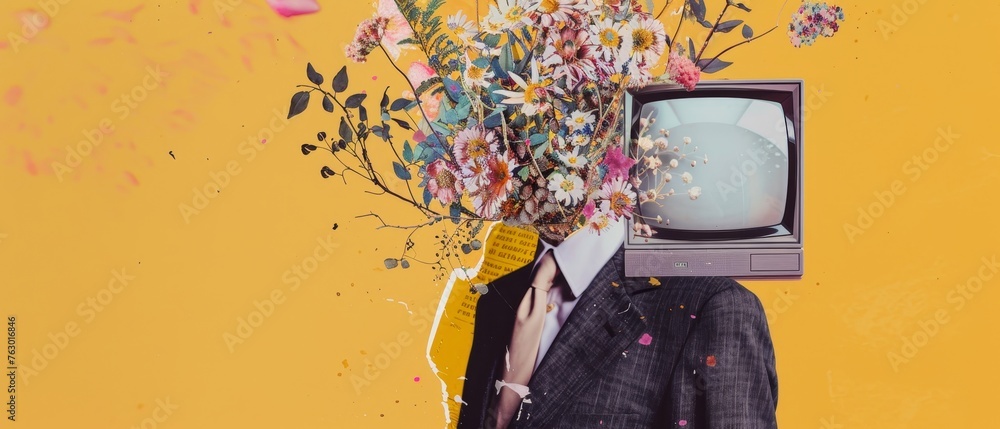 An art collage of a man in a suit wearing a retro computer head twisting wrap isolated over a yellow background. The concept is creativity, inspiration, vintage. The copy space under the image is for - obrazy, fototapety, plakaty 