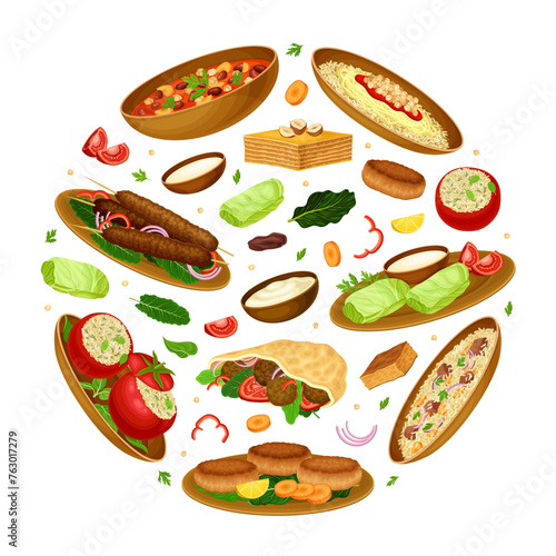 Egyptian Dish Round Composition Design with Traditional Cooked Food on Plate Vector Template