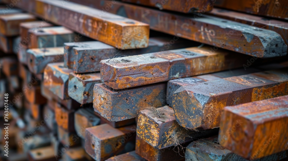 Stack of old rusty metal rails. Industrial background. Selective focus. Stack of old rusty metal rails. Industrial background. Selective focus.
