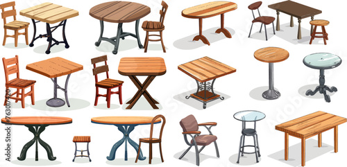 Dining kitchen desk, restaurant and coffee tables vector illustration set