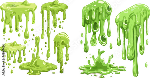  Green sticky alien slime blobs, spooky halloween toxic slime dripping vector illustration set photo
