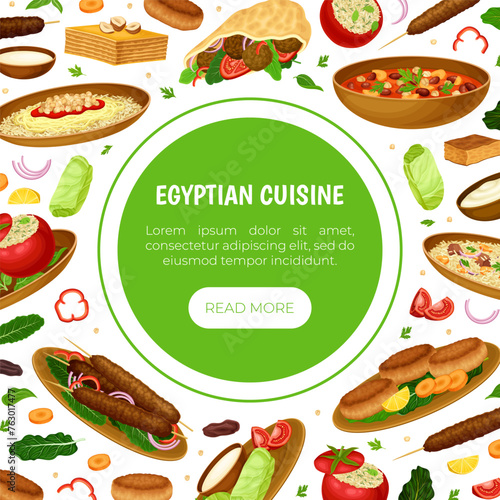 Egyptian Dish Banner Design with Traditional Cooked Food on Plate Vector Template