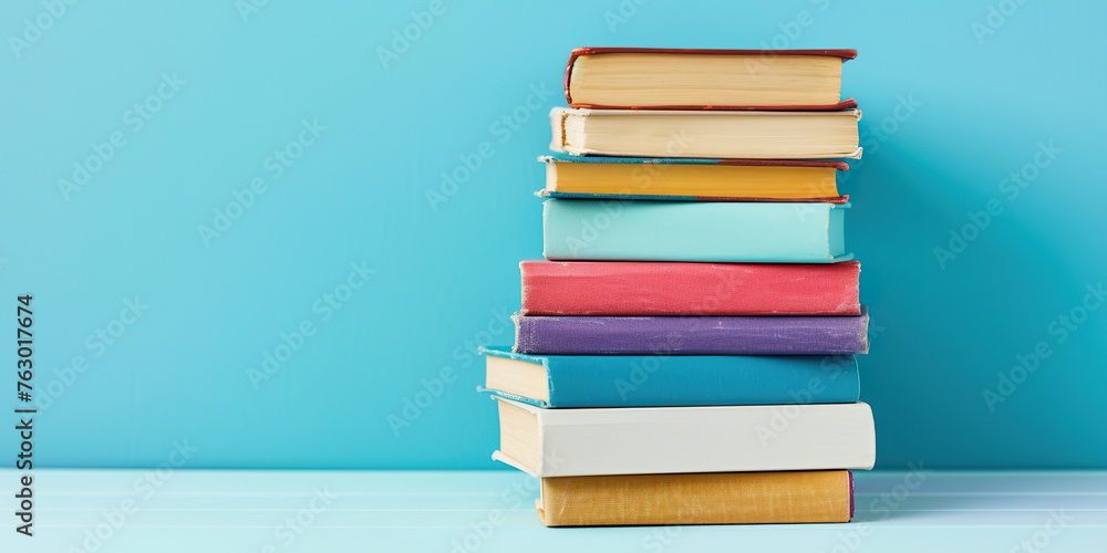 Pile of colorful books on white table with light Pile of colorful books on white table with light