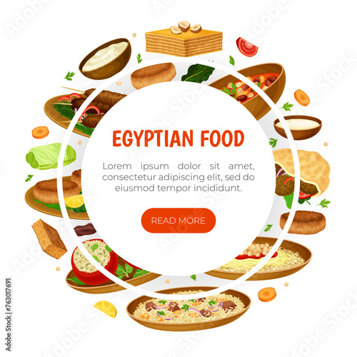 Egyptian Dish Banner Design with Traditional Cooked Food on Plate Vector Template