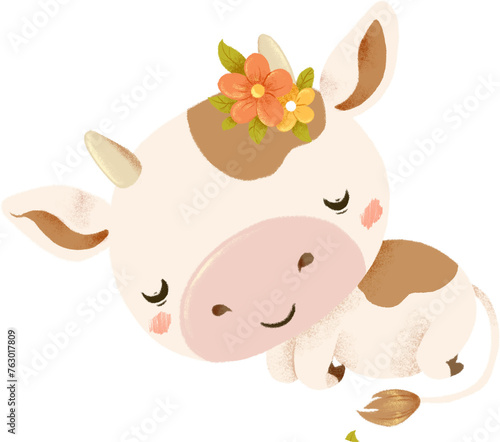 Cute cartoon milky cow with wreath of flowers sleeps. Kawaii cow illustration for dairy products or farm pictures. Transparent background