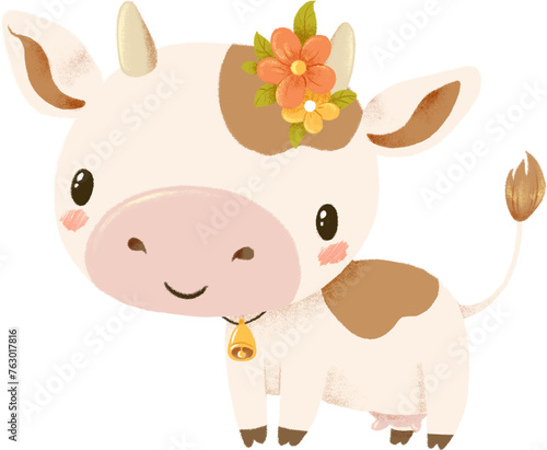 Cute cartoon milky cow with wreath of flowers. Kawaii cow illustration for dairy products or farm pictures. Transparent background