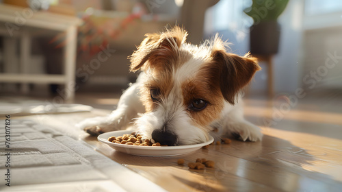 A cute little Jack Russell Terrier puppy sat intently on the floor eating his food.