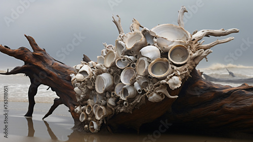 Bivalve colony on driftwood after storm .. photo