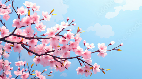 Blossoming tree pink flowers branch on blue sky background