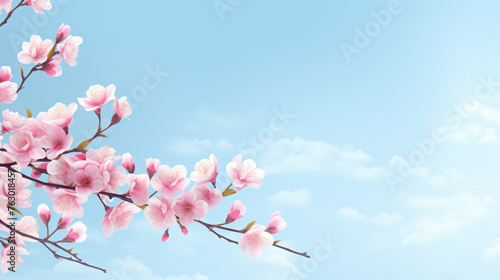 Blossoming tree pink flowers branch on blue sky background