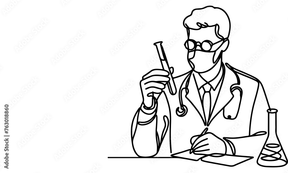 one continuous black line drawing sketch doctor man looking at pouring liquid in test tube of clear solution in a Scientist laboratory International Doctor's Day concept vector illustration