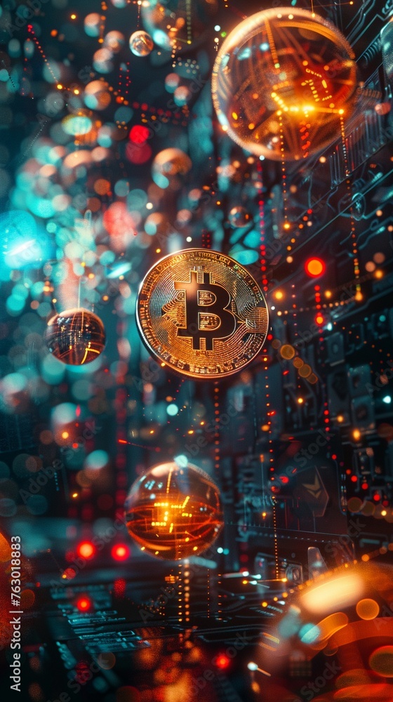Fototapeta premium The iconic Bitcoin currency symbol stands out against a backdrop of an illuminated digital circuit board, representing the digital currency revolution. 
