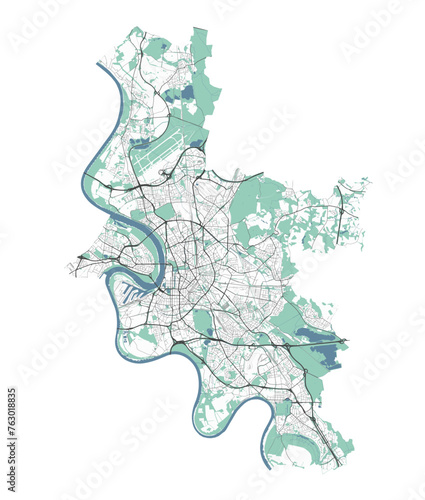 Map of Dusseldorf, Germany. Detailed city map, metropolitan area border.