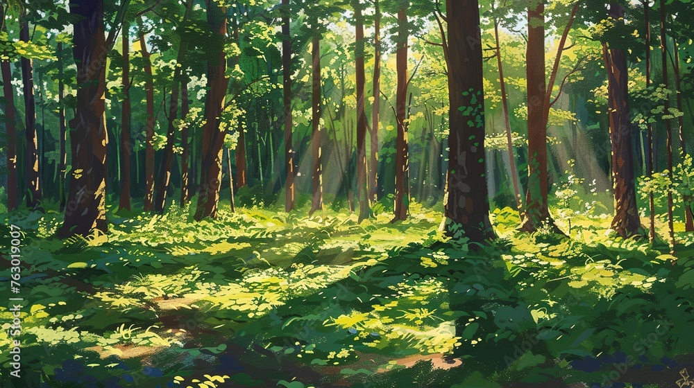 Lush Forest Scene Bathed in Sunlight, Towering Trees Casting Dappled ...