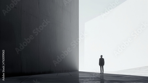 Silhouette of a person standing at the entrance of a large minimalist structure with diffused light. Concept of solitude and contemplation for design and print. Monochrome image with space for text
