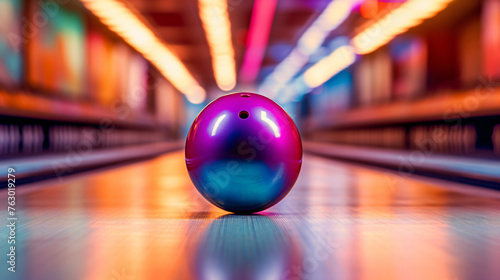 Bowling ball poised against the vibrant alley backdrop