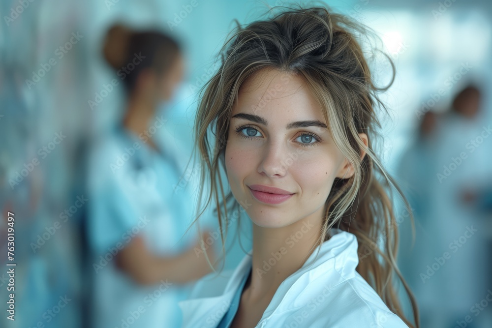 Obraz premium a woman in a lab coat is smiling for the camera in a hospital