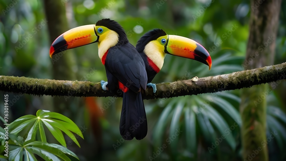 Toucan sitting on the branch in the forest green veget Toucan sitting on the branch in the forest green veget
