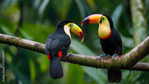 Toucan sitting on the branch in the forest green veget