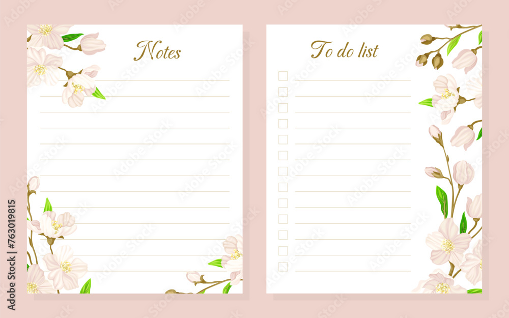 Flower Branch Empty Note Card Design with Tender Blossom Vector Template Flower Branch Empty Note Card Design with Tender Blossom Vector Template