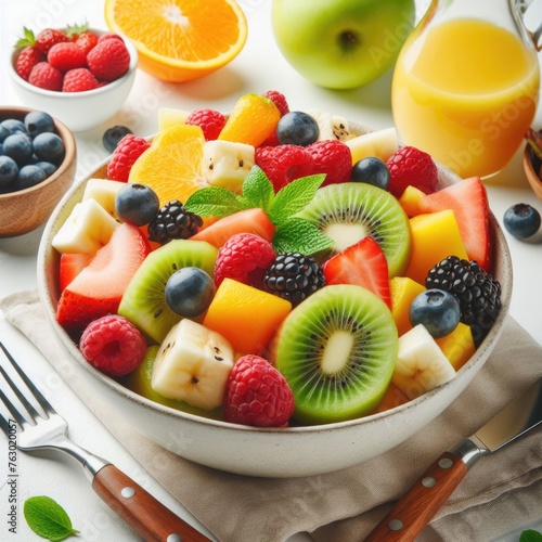 bowl of fresh fruit pieces isolated on a white background