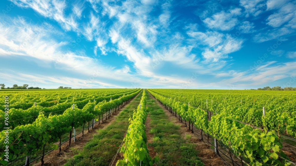 Vineyard with grapes in late summer before harvest near a winery stock photo