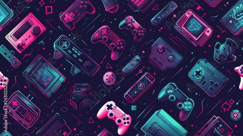 Seamless pattern with video game elements. Glitch style. Vector illustration. 