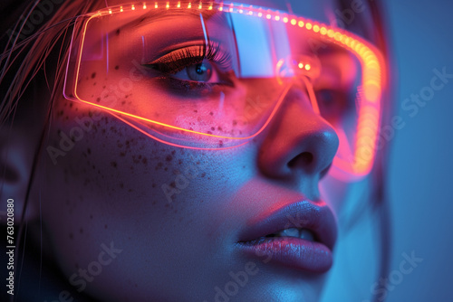 Human expression and the future in the style of futuristic imagery vaporwave made of glass virtual reality Grey blue background, future AI abstract dark gray and crimson translucent planes photo