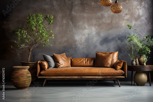 stylist and royal brown chesterfield sofa, space for text, photographic