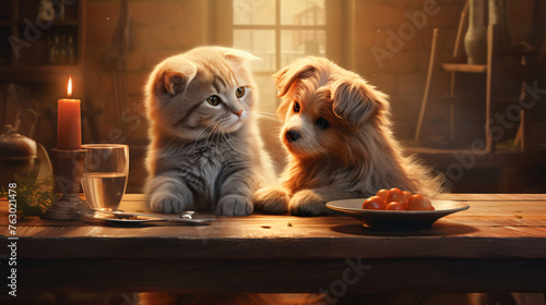 Cat dog enjoy meal bonded companionship  v © Cybonix