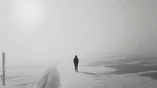 Figure walking alone on a fog-covered path. Monochromatic and minimalist representation of solitude and contemplation
