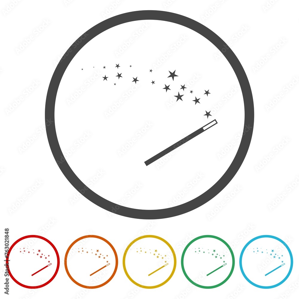 Magic wand on white background illustration. Set icons in color circle buttons Magic wand on white background illustration. Set icons in color circle buttons