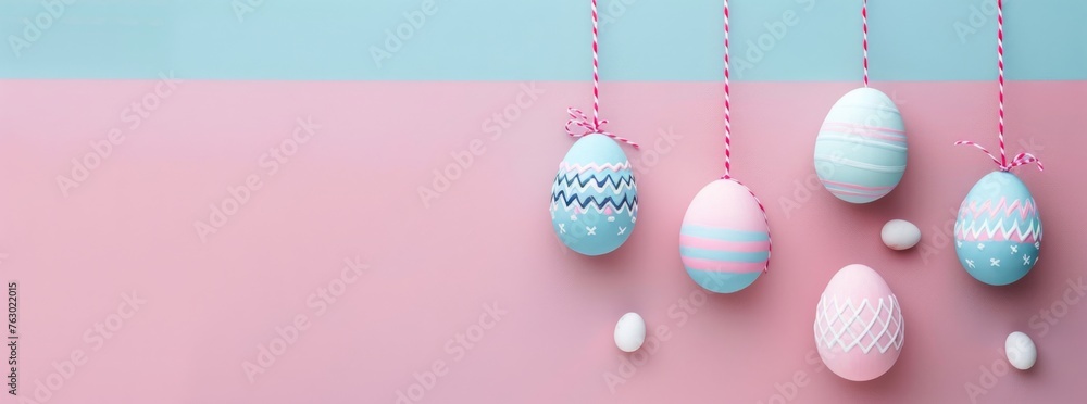 Colorful Easter eggs hanging on a pink and blue background in the style of copy space Colorful Easter eggs hanging on a pink and blue background in the style of copy space