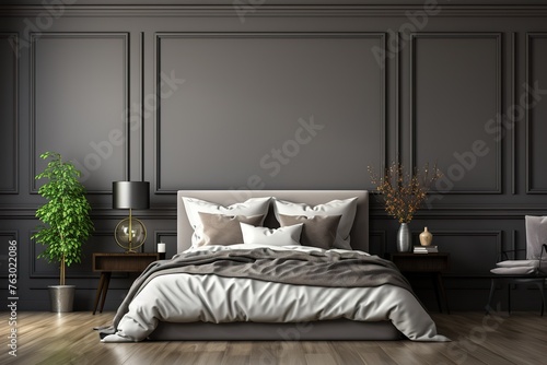 stylist and royal Bedroom interior mockup with dark bed on empty wooden wall background, space for text photo