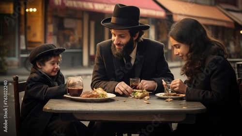 Everyday family moments for Hasidic Jews: dinner, morning prayer, a walk photo