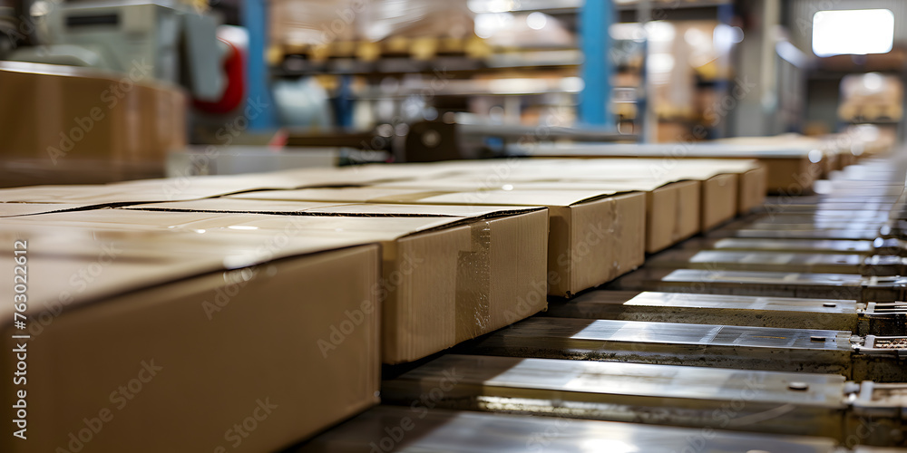 Parcel on a conveyor belt warehouse fulfillment center  and online shopping shipping boxes.
