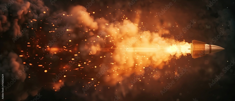 An intense scene of a bullet-shaped spacecraft propelling through space, surrounded by explosive fiery particles and billowing smoke. space, bullet-shaped, spacecraft, fiery, explosive, particles