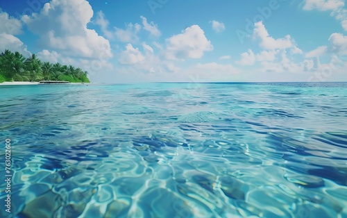 A serene view of a tropical island paradise with crystal clear blue waters, white sandy beach, and fluffy white clouds in a bright blue sky. tropical, serenity, island, paradise, blue, waters, clear