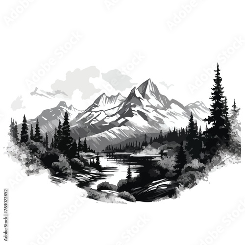 Monochrome Mountain Landscape Clipart 
