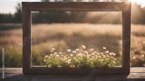 Fresh flowers with Frame on wooden background with with empty space for greeting message. Love and greeting concept design. AI generated image, ai