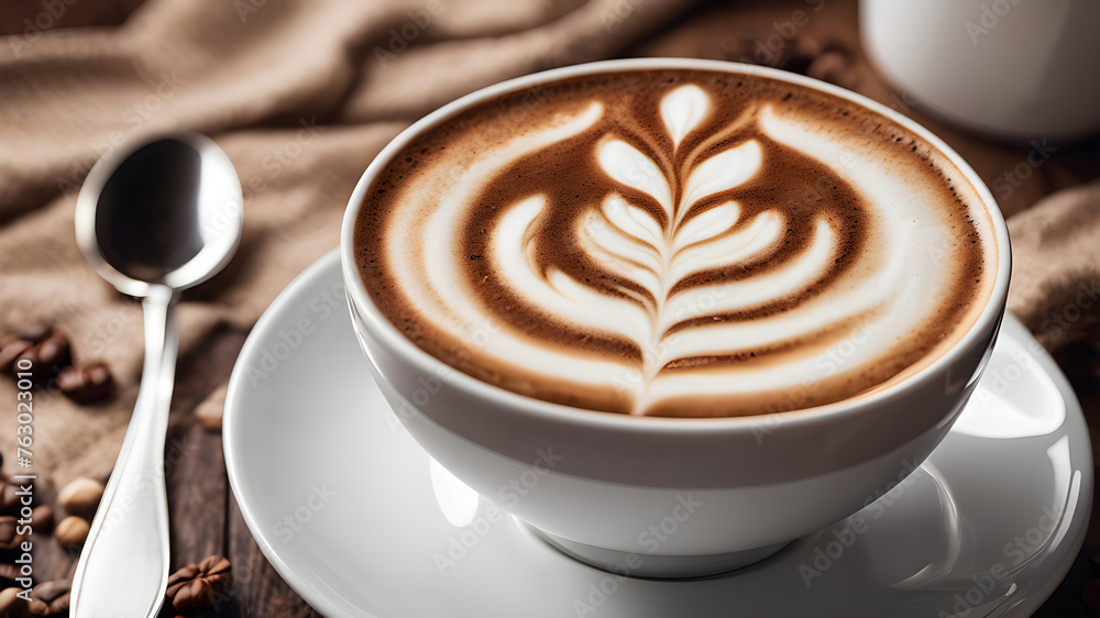 Cappuccino coffee and latte art. A cup of coffee on the wooden table. A cup of coffee on the wooden table. AI generated image, ai. Cappuccino coffee and latte art. A cup of coffee on the wooden table. A cup of coffee on the wooden table. AI generated image, ai.