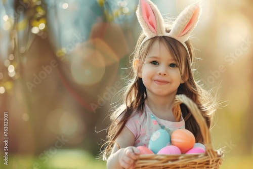Cute Child Holds Basket with Easter eggs, Painted Eggs in Cute Little Boy Hands, Wearing Bunny Ears