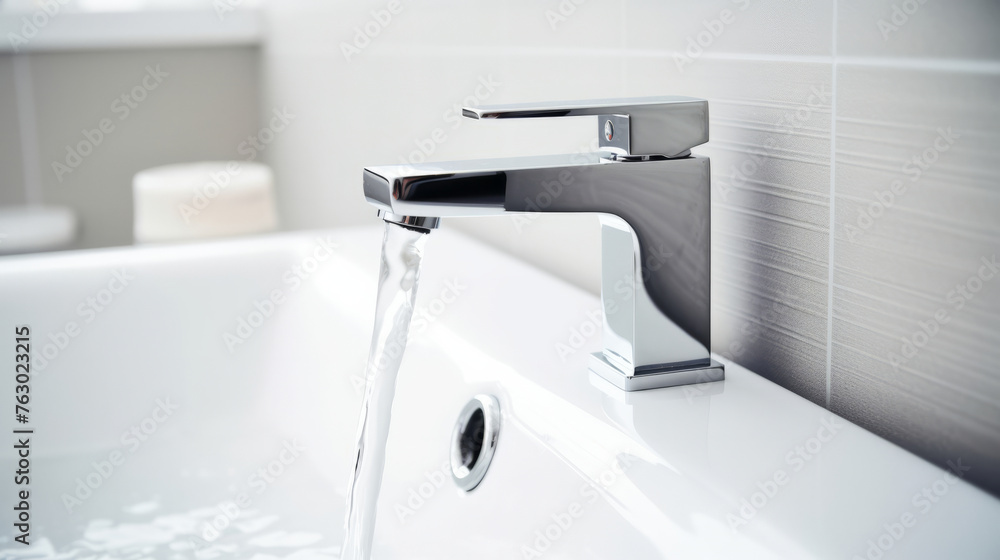 Fototapeta premium Sleek modern faucet with clear stream of water over minimalist bathtub, modern and minimalistic design in modern luxury bathrooms, relaxation and self-care