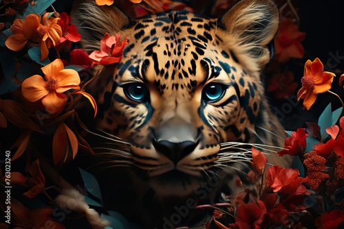 stylist and royal Close-up portrait of Leopard in tropical flowers and leaves. Picturesque portrait of Cheetah