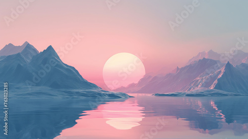 Majestic pink sunset over tranquil mountainous landscape reflected in calm waters. Surreal nature scene for peaceful and dreamy concept with place for text for design and print