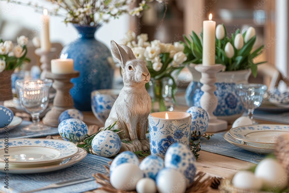 Fototapeta premium Easter Table Decorated, Colorful Eggs and Easter Bunny Celebration Design
