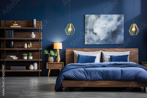 stylist and royal Contemporary blue bedroom, space for text, photographic